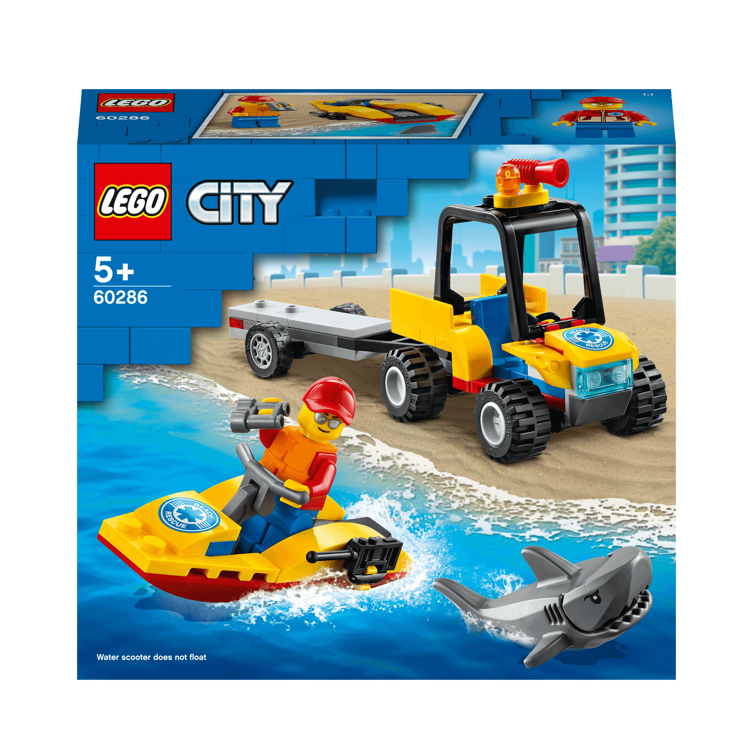 LEGO® City Beach Rescue ATV set 60286 with ATV, trailer, water scooter, and lifeguard minifigure for creative play.
