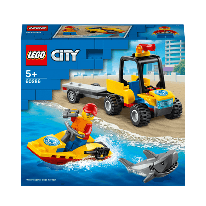 LEGO® City Beach Rescue ATV set 60286 with ATV, trailer, water scooter, and lifeguard minifigure for creative play.