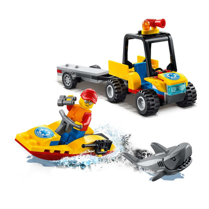 LEGO® City Beach Rescue ATV playset with ATV, trailer, water scooter, and lifeguard minifigure for creative fun.
