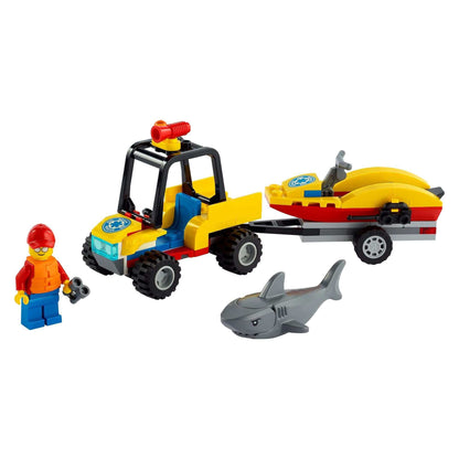 LEGO® City Beach Rescue ATV with lifeguard minifigure, trailer, water scooter, and shark toy.