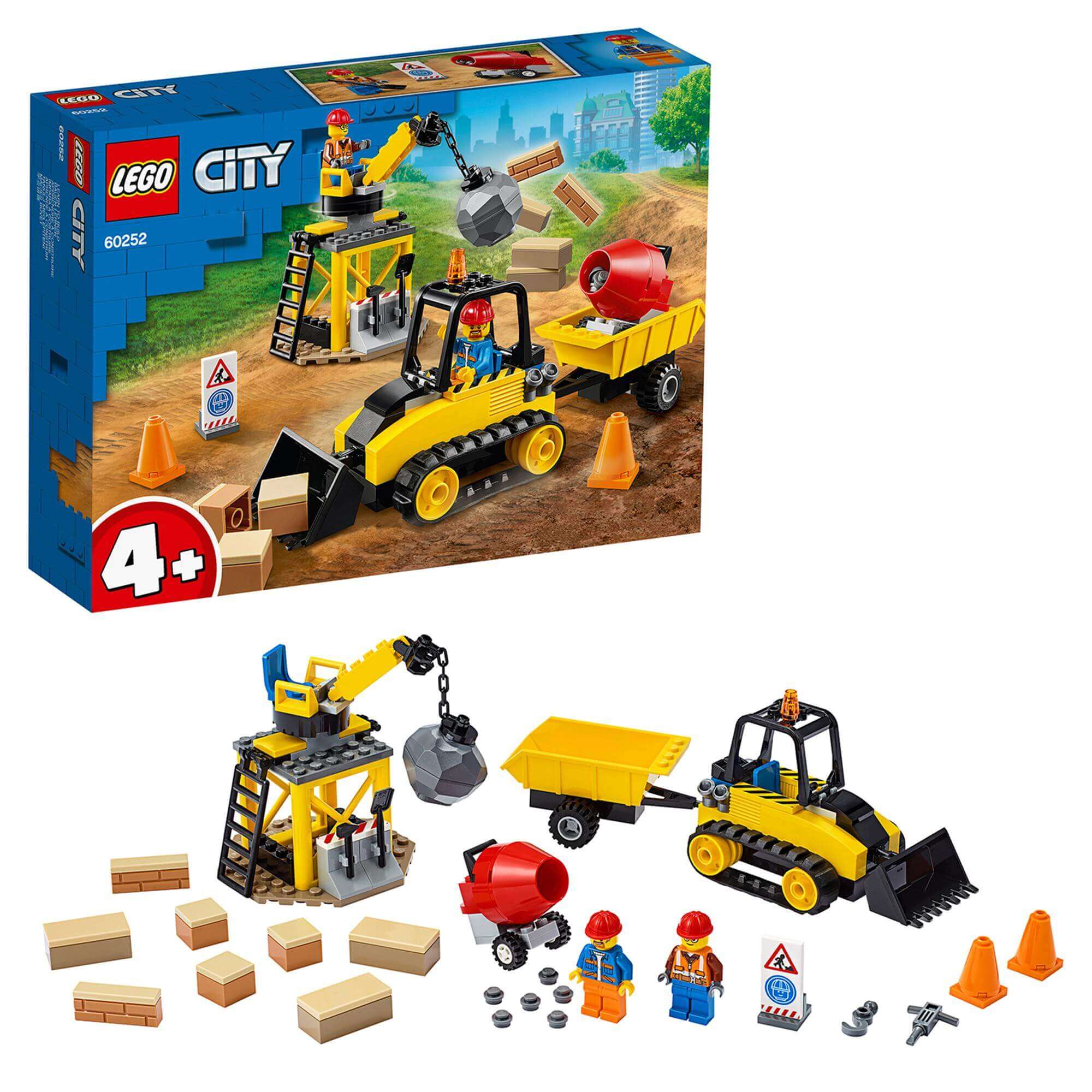 LEGO® City Great Vehicles Construction Bulldozer 60252 set with bulldozer, cement mixer, and minifigures on a building site.