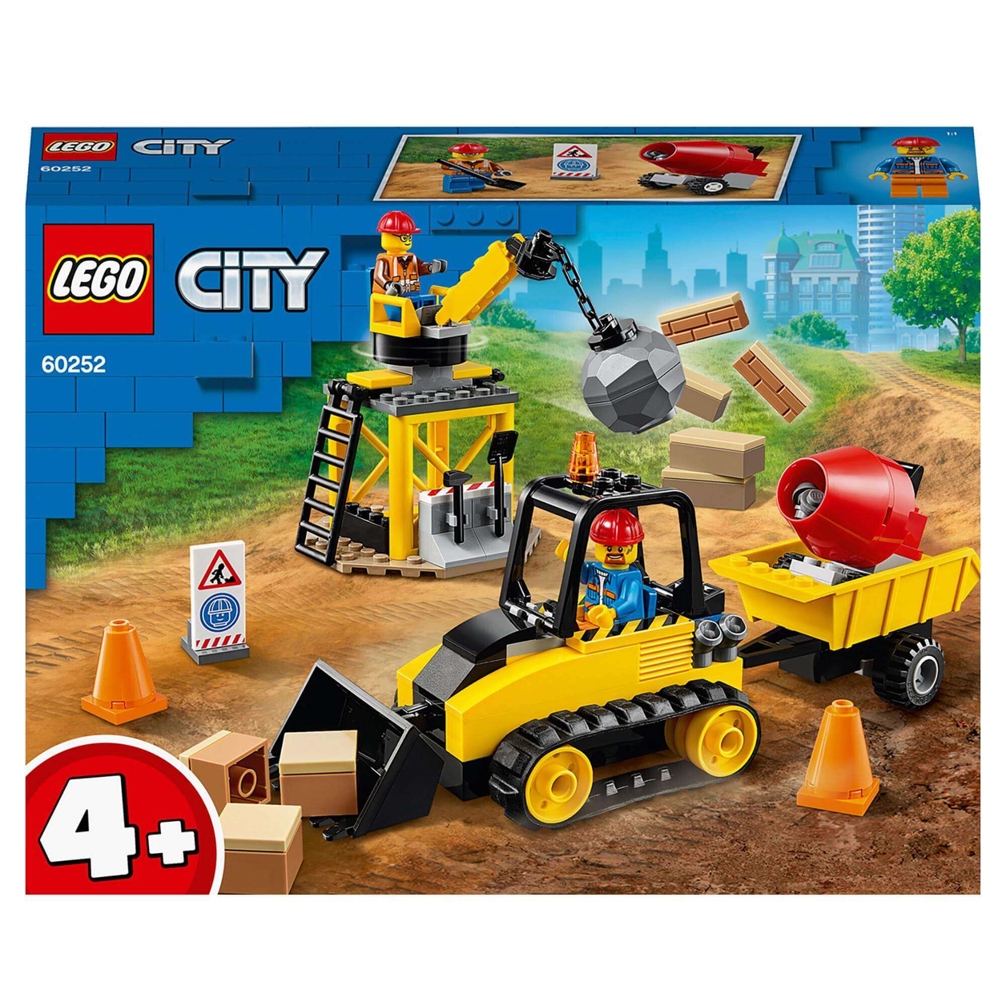 LEGO City Great Vehicles Construction Bulldozer 60252 set with minifigures, cement mixer, and wrecking ball at a building site.