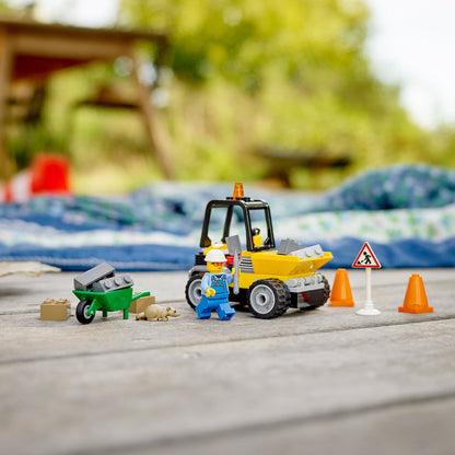 LEGO® City Roadwork Truck 60284 set with front-end loader, worker, and construction accessories for kids aged 4+