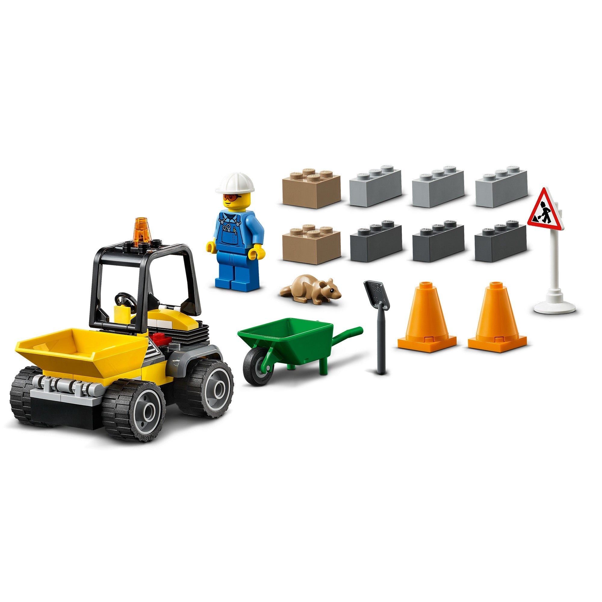 LEGO City Great Vehicles Roadwork Truck 60284 with front-end loader, construction worker, and roadwork accessories.
