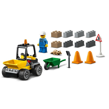 LEGO City Great Vehicles Roadwork Truck 60284 with front-end loader, construction worker, and roadwork accessories.