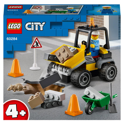 LEGO® City Roadwork Truck Toy 60284 with front-end loader and construction accessories for kids aged 4+. Fun roadwork playset.