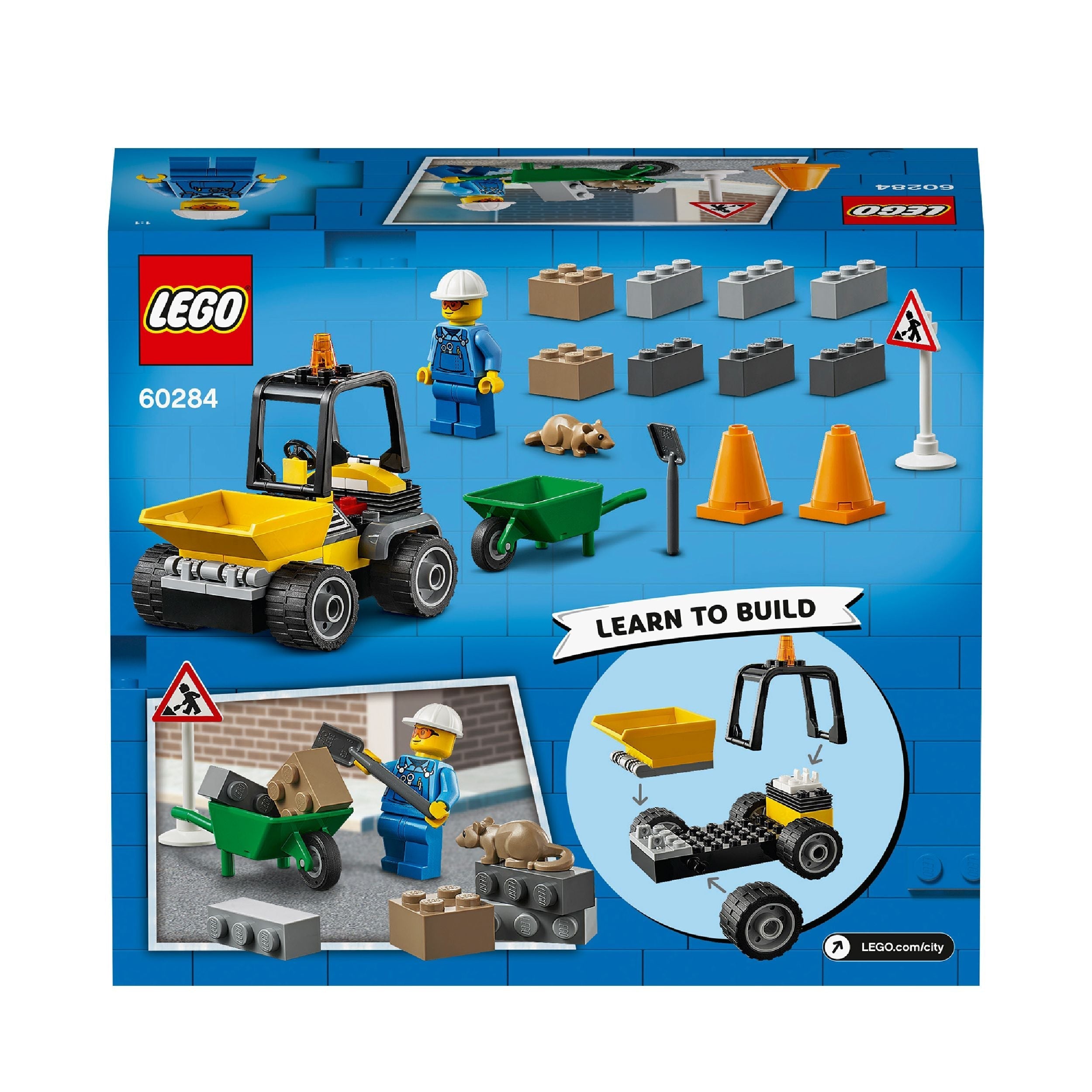 LEGO® City Great Vehicles Roadwork Truck 60284 playset with front-end loader and worker minifigure.