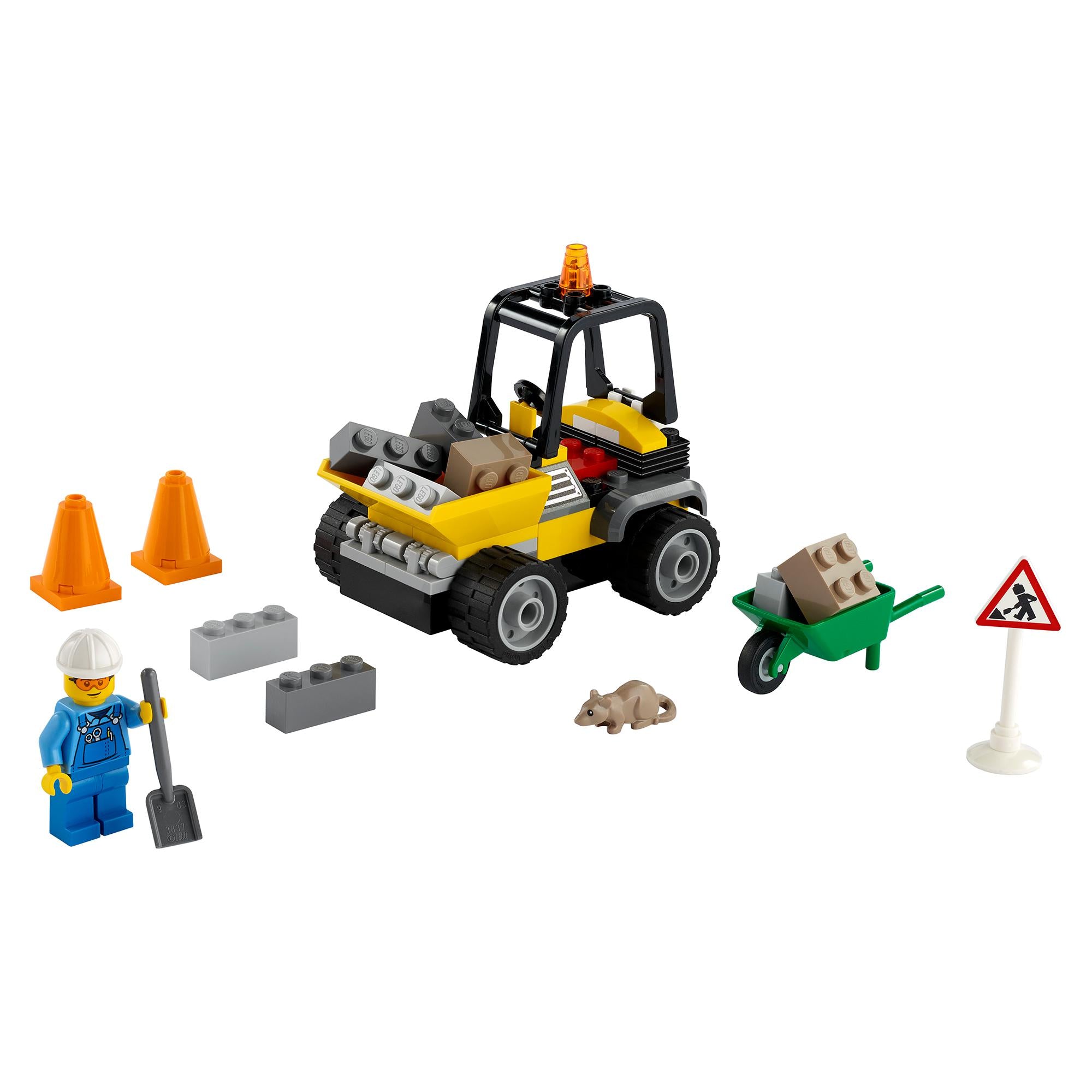 LEGO® City Roadwork Truck Toy 60284 with front-end loader, construction cones, and minifigure for kids aged 4+