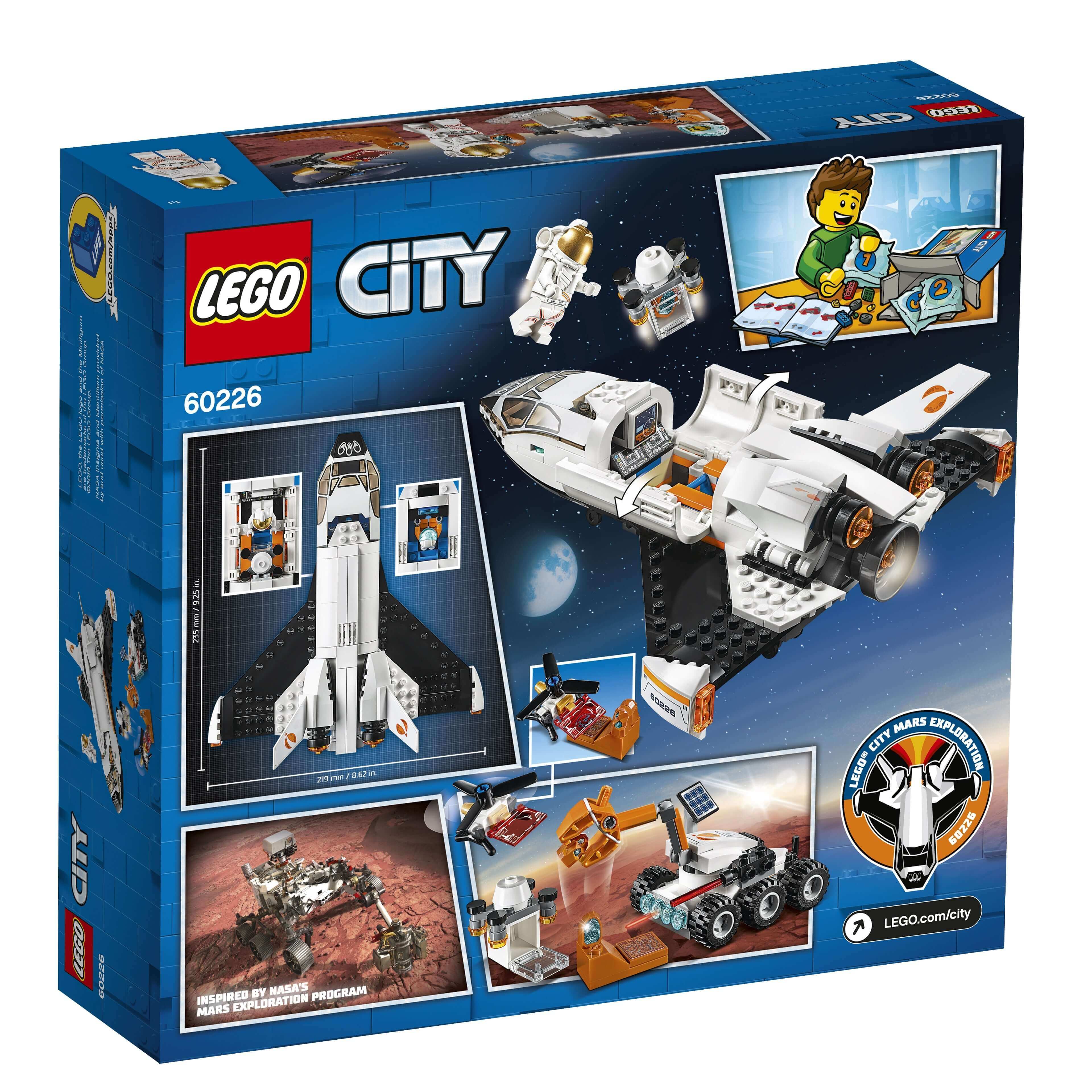LEGO® City 60226 Mars Research Shuttle box art featuring astronauts, drone, and rover for space exploration.
