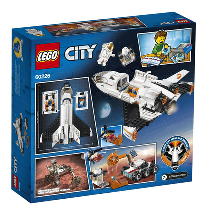 LEGO® City 60226 Mars Research Shuttle box art featuring astronauts, drone, and rover for space exploration.