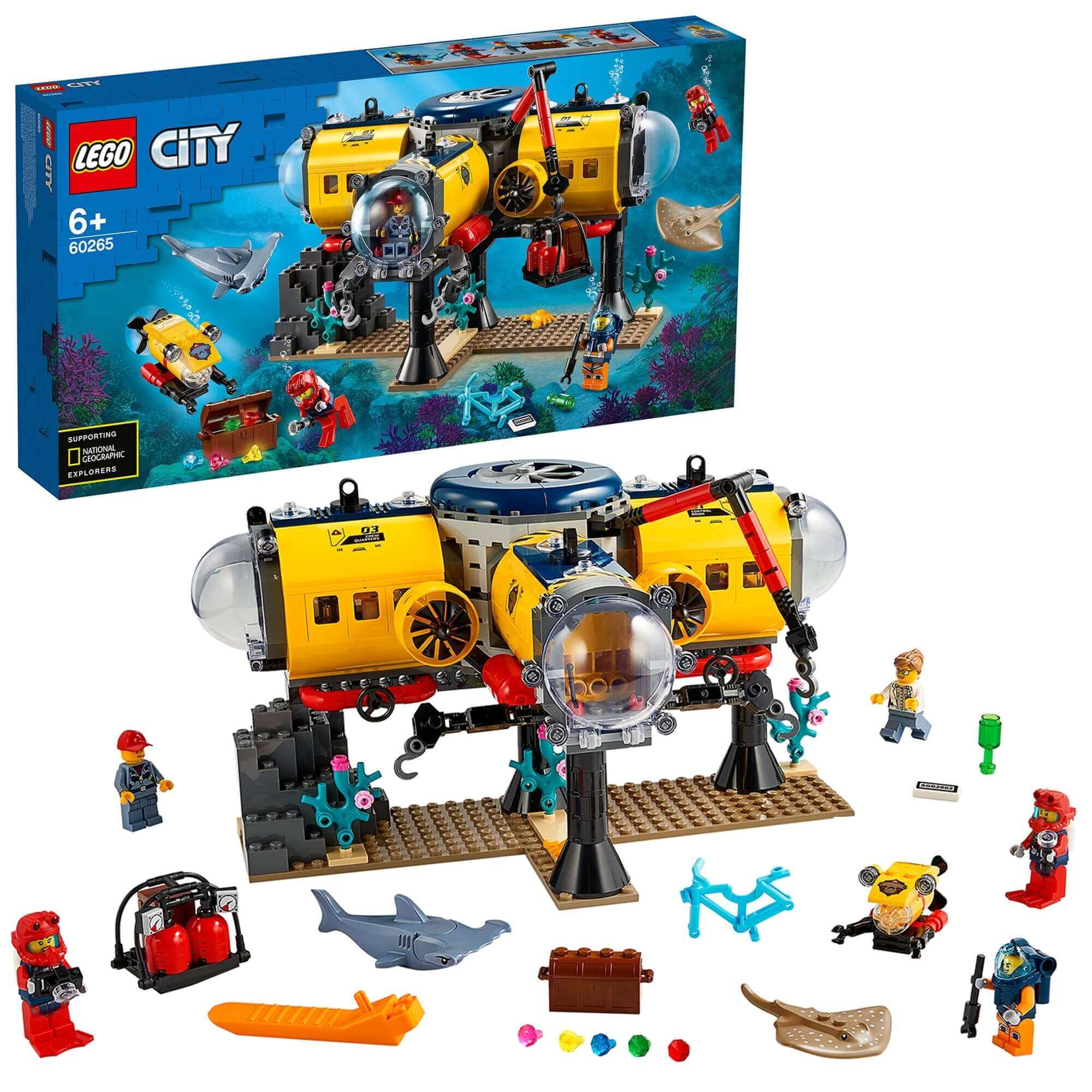 LEGO® City Ocean Exploration Base Deep Sea Set 60265 featuring submersible, divers, and marine life for kids' ocean adventures.