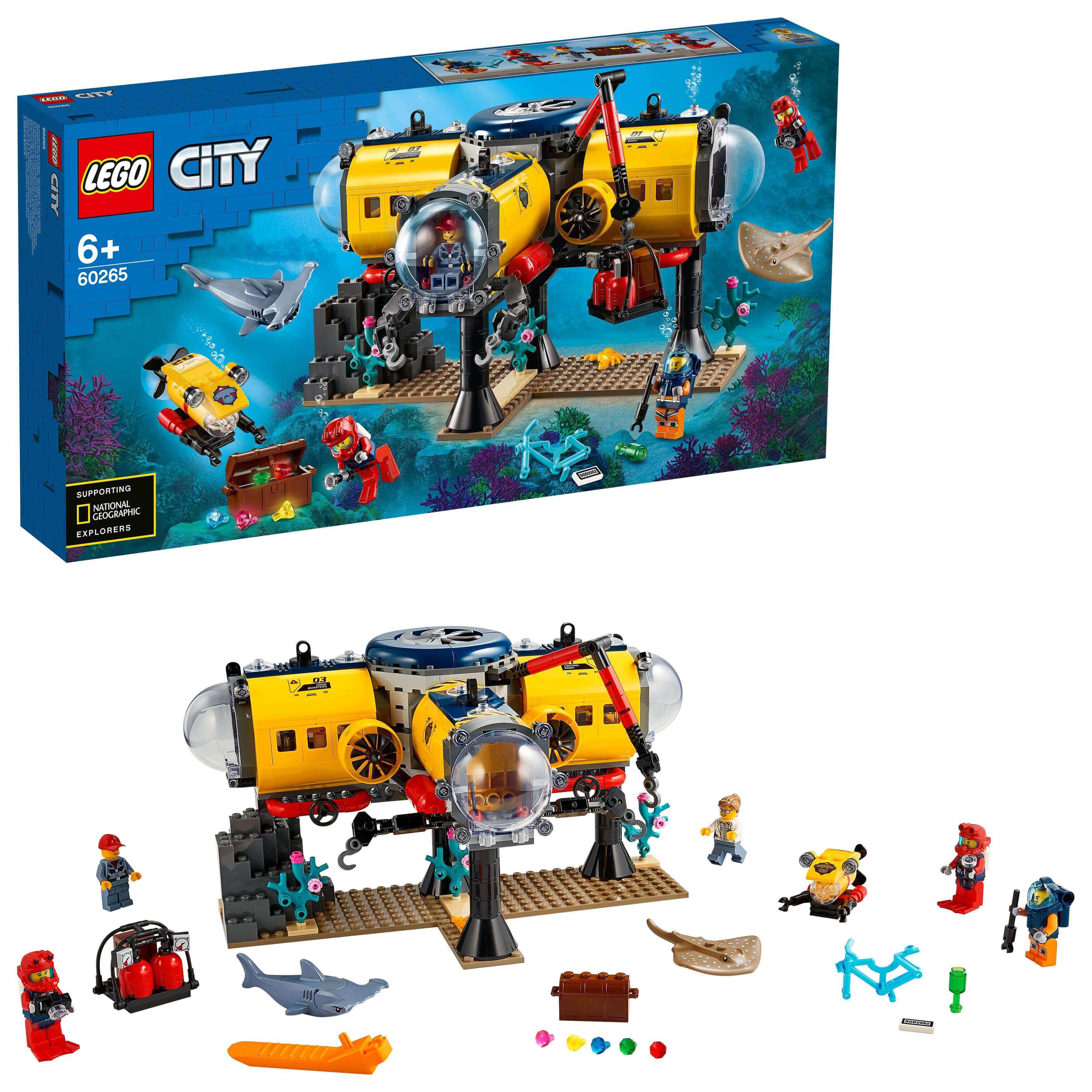LEGO® City Ocean Exploration Base Deep Sea Set 60265 featuring divers, sharks, and underwater vehicles for adventurous play.