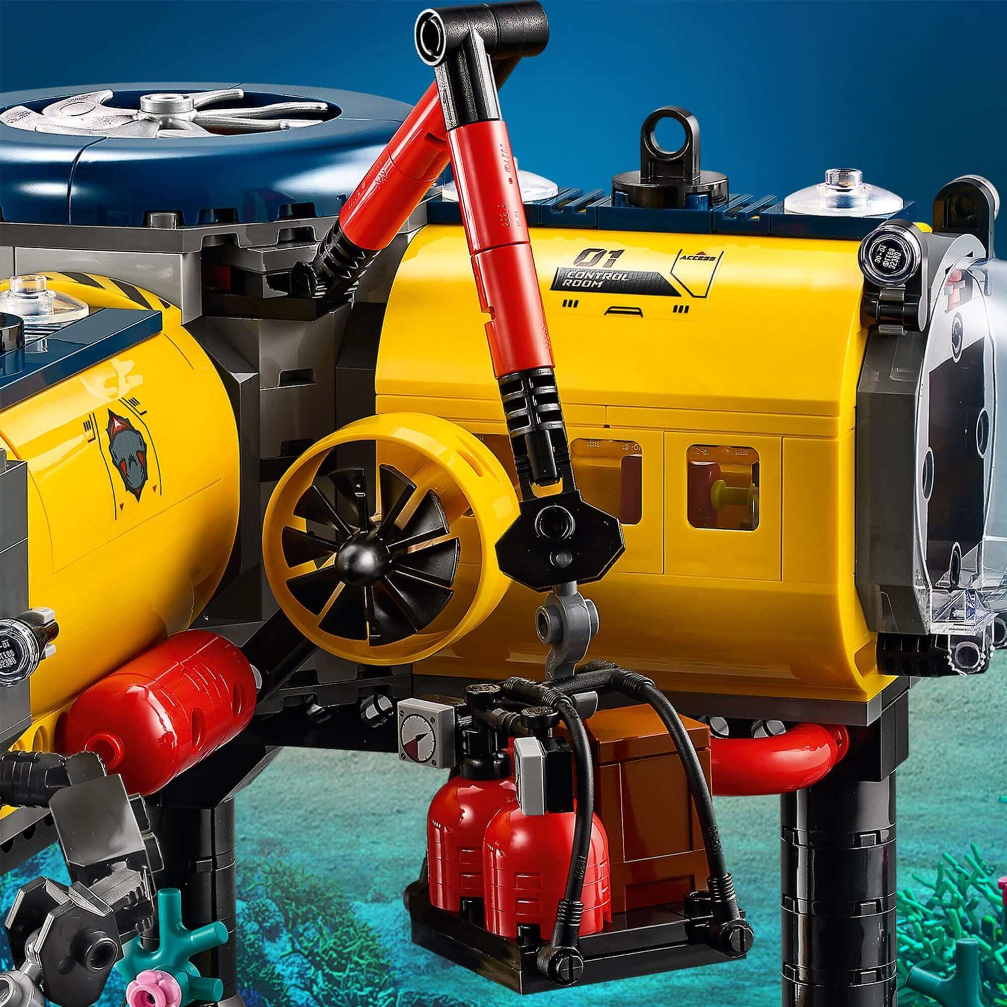 Close-up of the LEGO® City Ocean Exploration Base set 60265 featuring detailed submarine equipment and machinery.