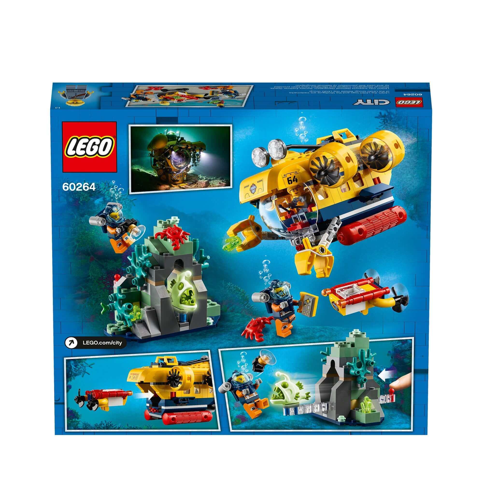 LEGO City Ocean Exploration Submarine Sea Set 60264 packaging showcasing underwater adventure play with colorful submarine and divers.