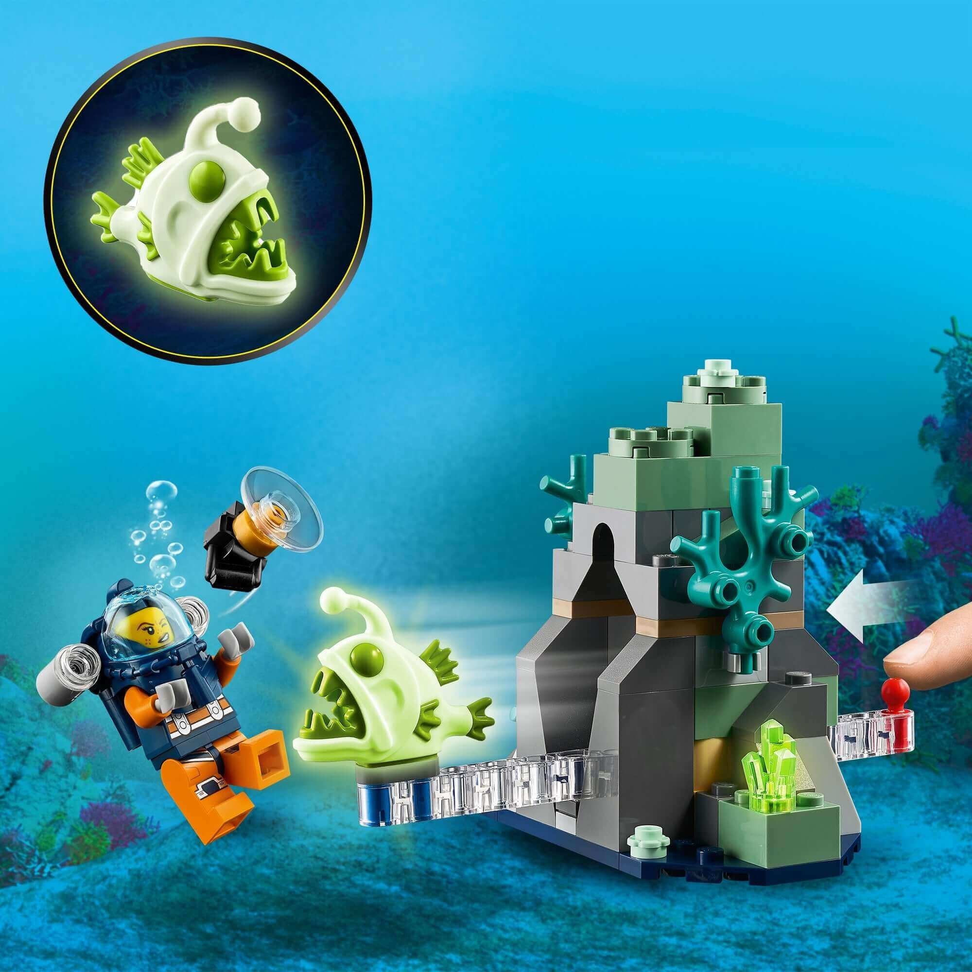 LEGO® City Ocean Exploration set with diver, glowing fish, and underwater rock feature for kids' imaginative play.