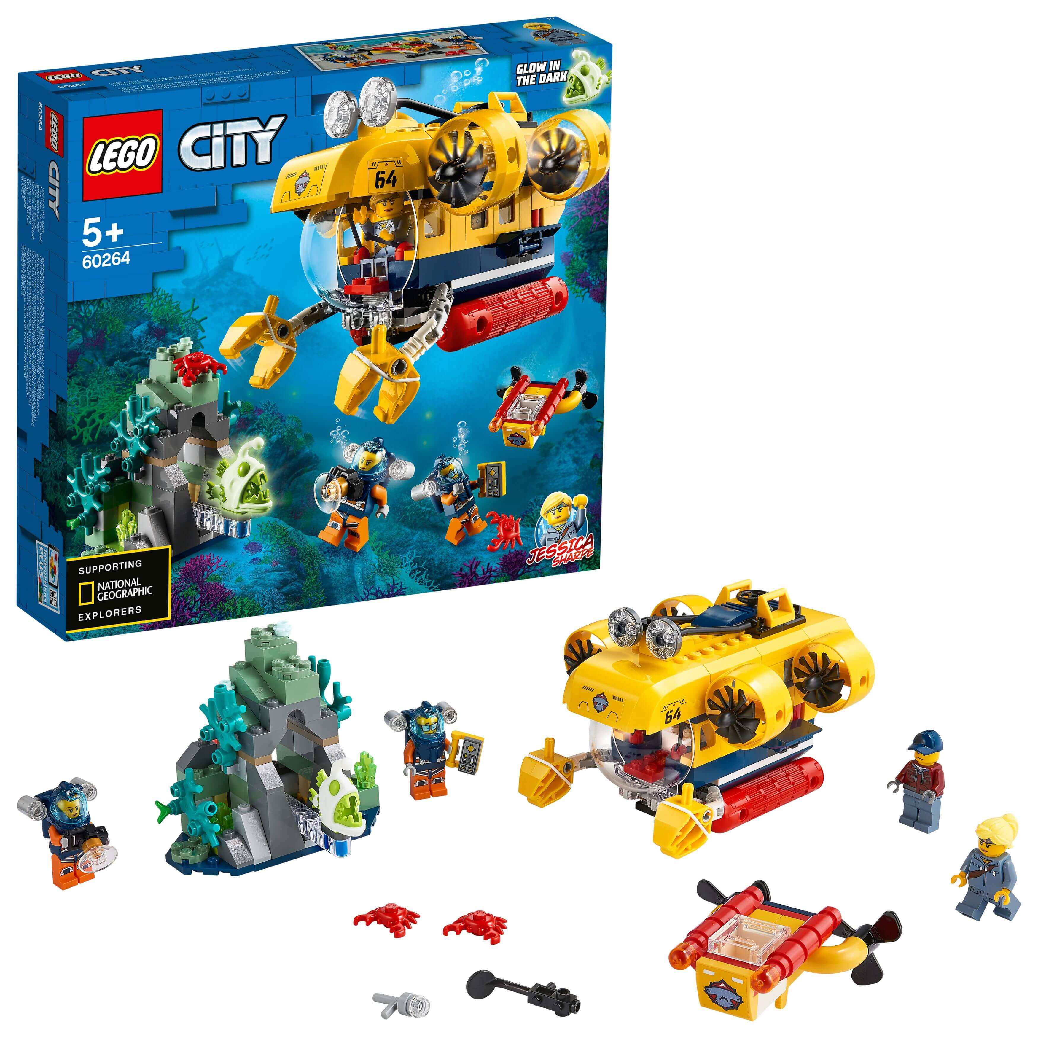 LEGO® City Ocean Exploration Submarine Set 60264 with divers, accessories, and underwater scene for kids' sea adventures.