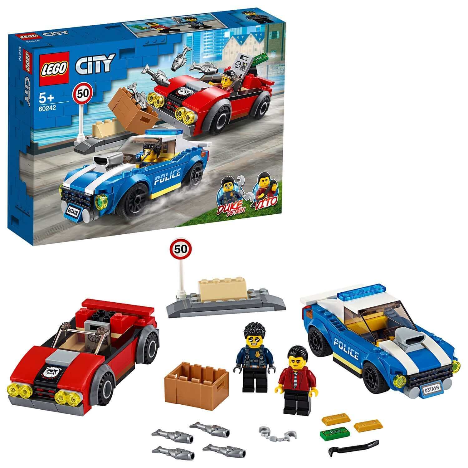 LEGO City Police Highway Arrest Set 60242 featuring cars, Duke DeTain and Vito, perfect for kids 5+, fun building toy.