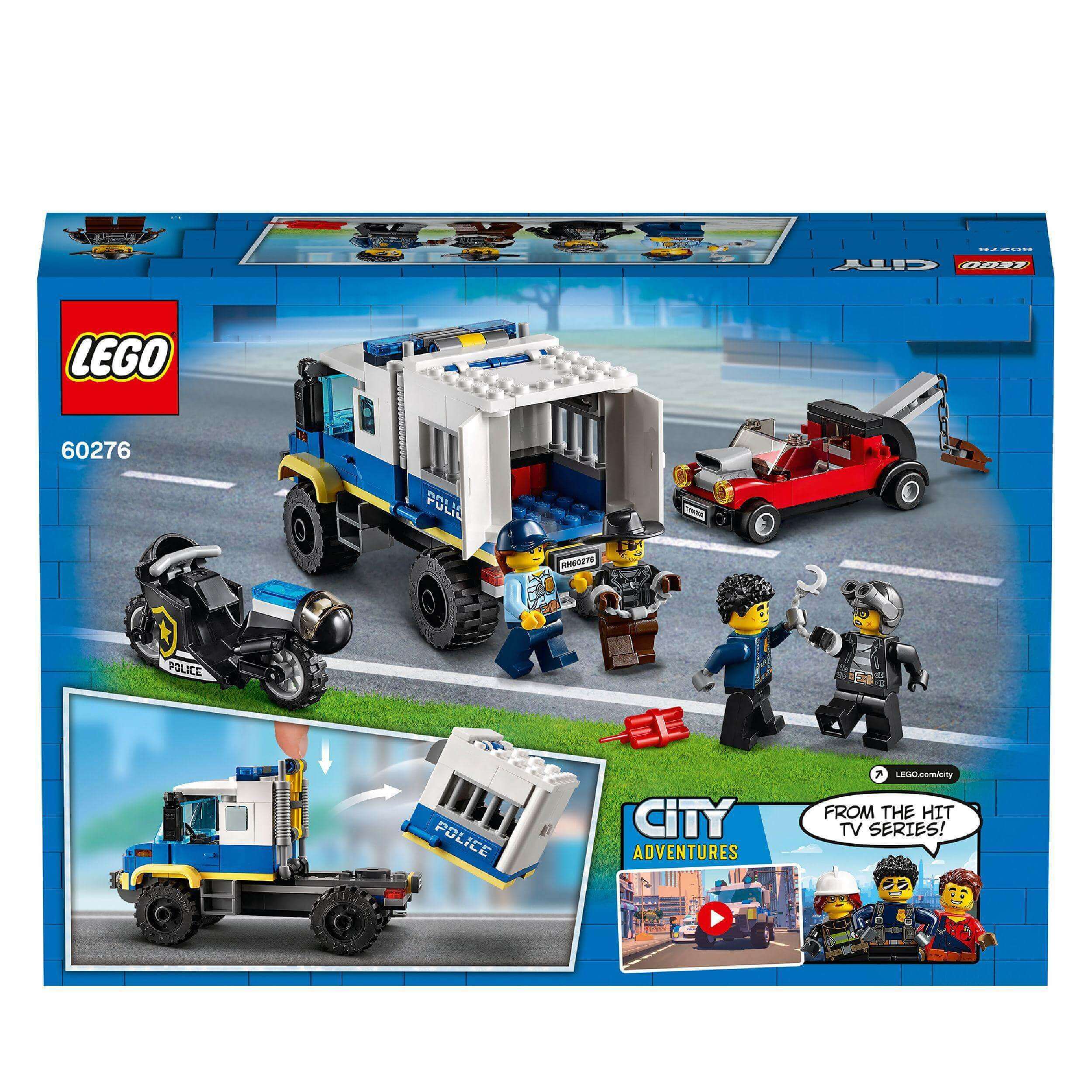 LEGO City Police Prisoner Transport Truck 60276 playset with police characters and vehicles from the City Adventures TV series.