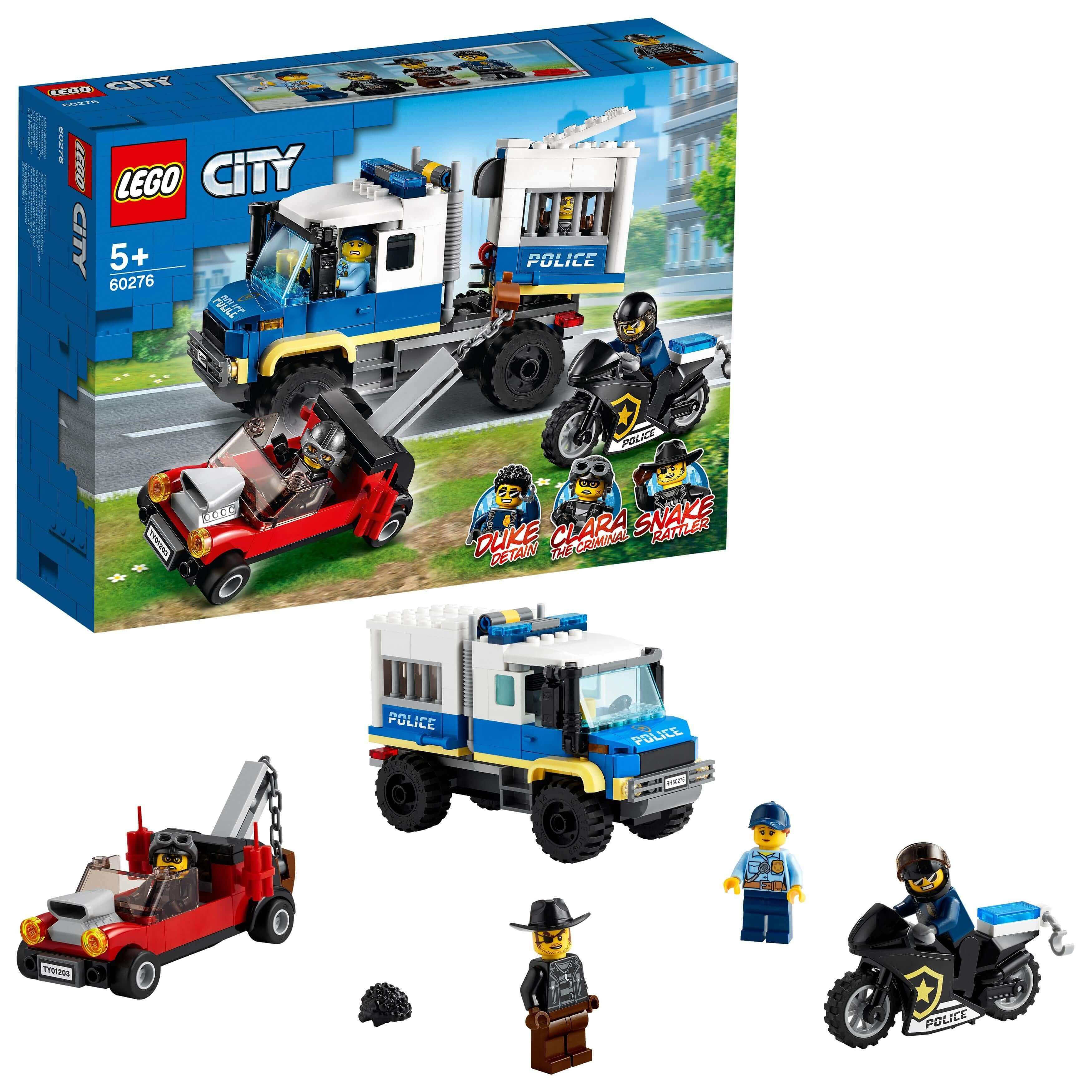 LEGO® City Police Prisoner Transport Truck 60276 with police car, motorcycle, and characters from LEGO® City Adventures.