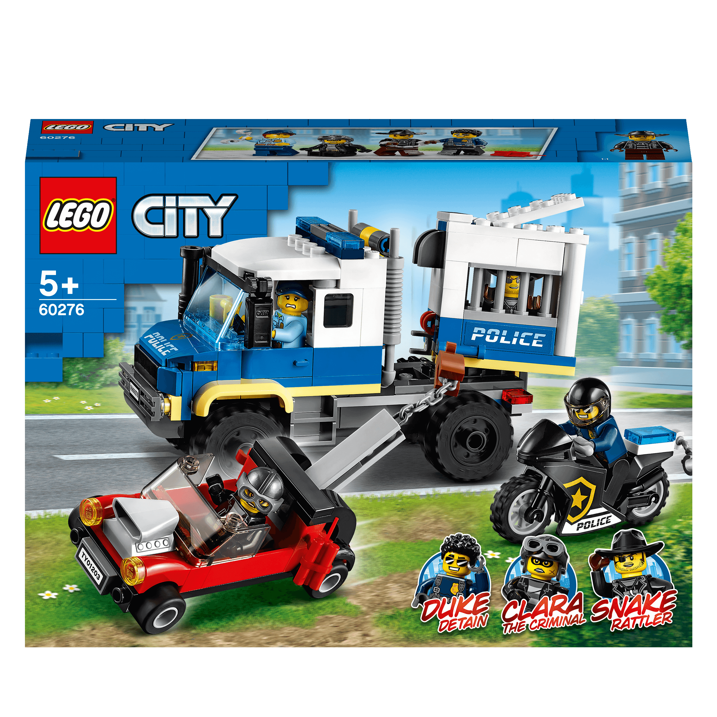 LEGO City Police Prisoner Transport Truck 60276 playset with figures Duke, Clara, and Snake in a fun action scene.