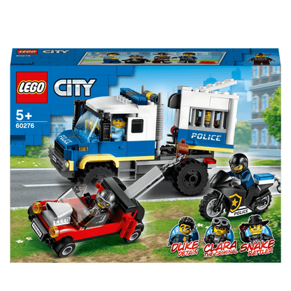 LEGO City Police Prisoner Transport Truck 60276 playset with figures Duke, Clara, and Snake in a fun action scene.