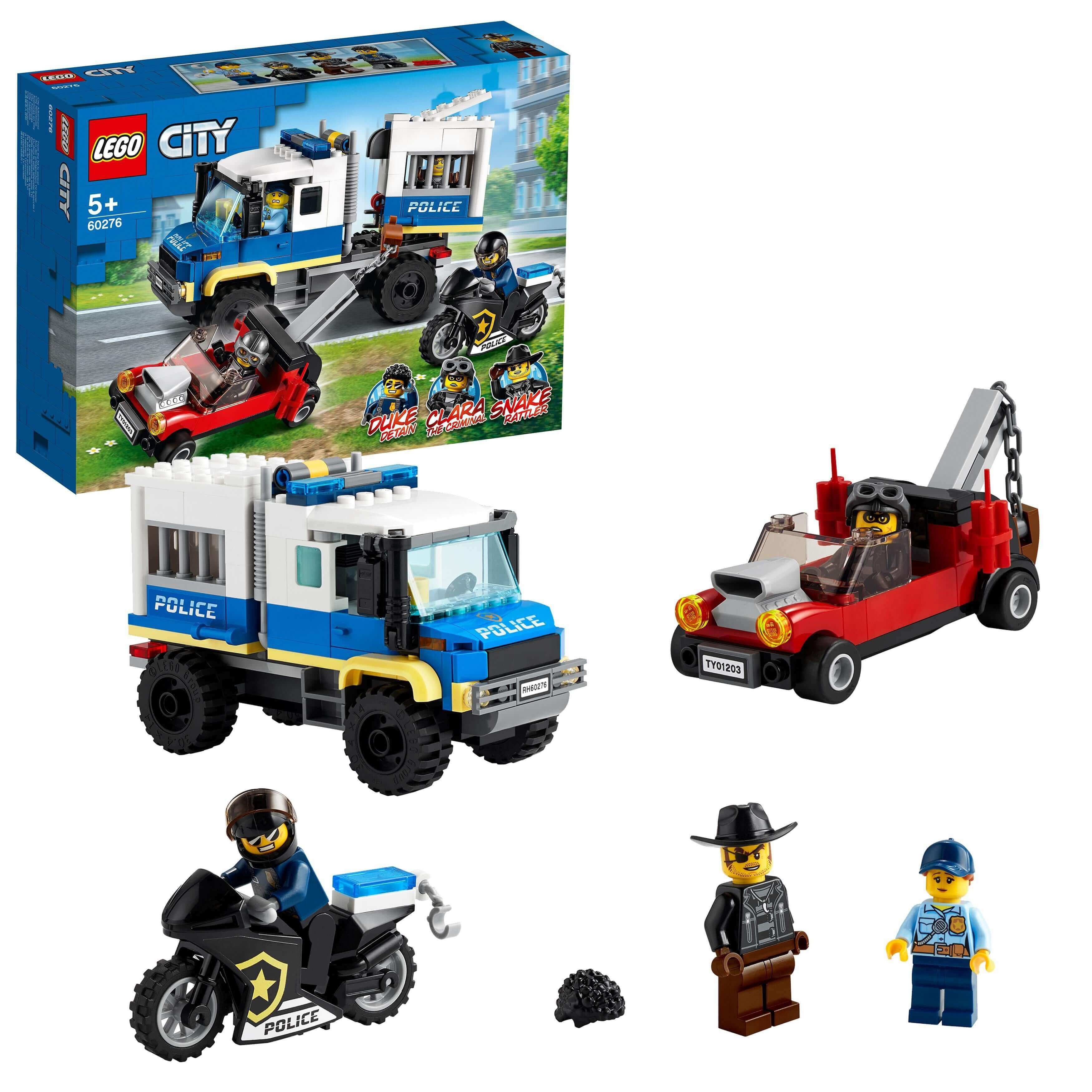 LEGO® City Police Prisoner Transport Truck toy set 60276 with vehicles and characters from the LEGO® City Adventures series.