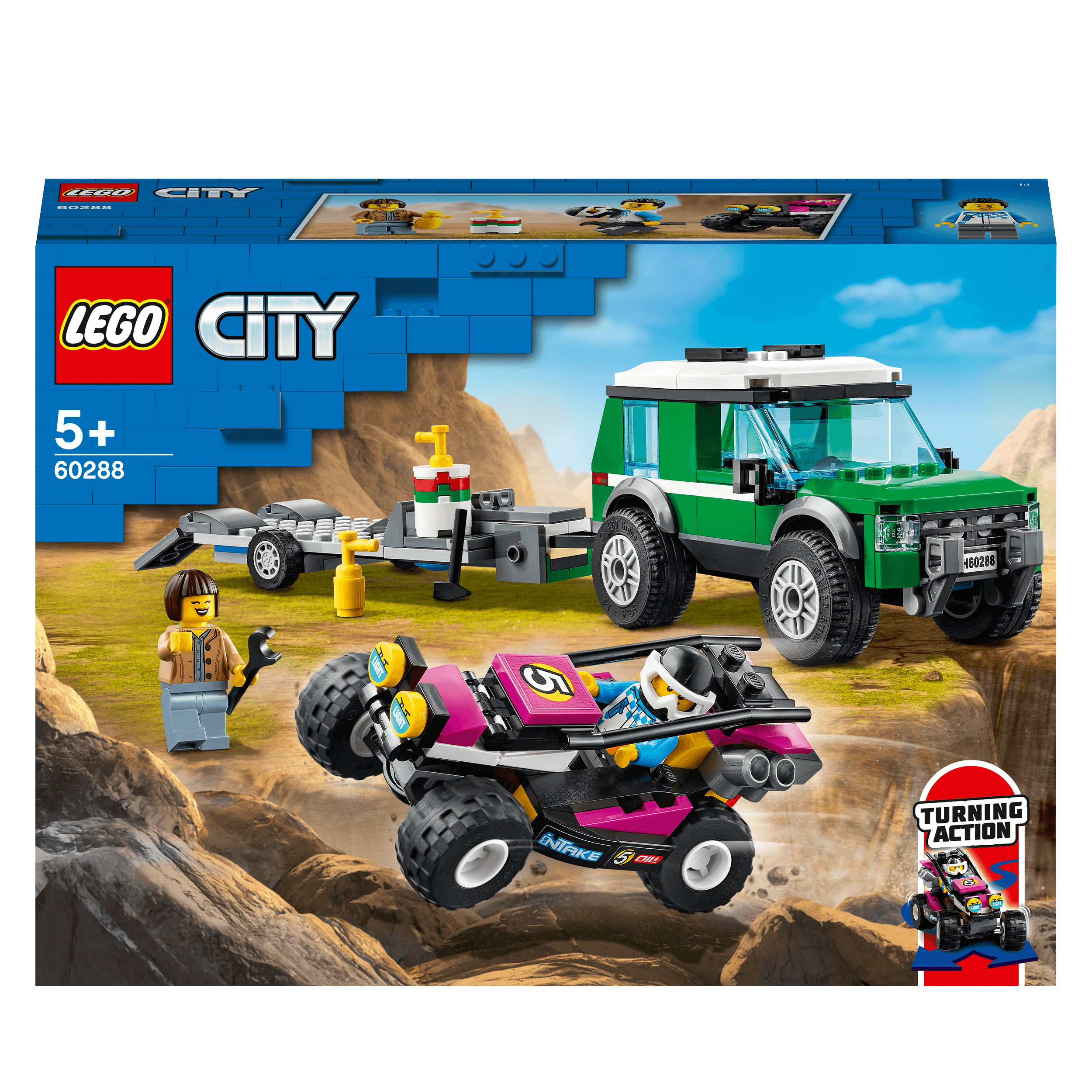 LEGO® City Race Buggy Transporter Toy Truck 60288 set, featuring off-roader, trailer, race buggy, and 2 minifigures.