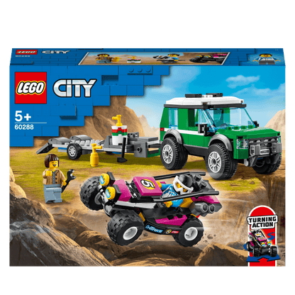 LEGO® City Race Buggy Transporter Toy Truck 60288 set, featuring off-roader, trailer, race buggy, and 2 minifigures.
