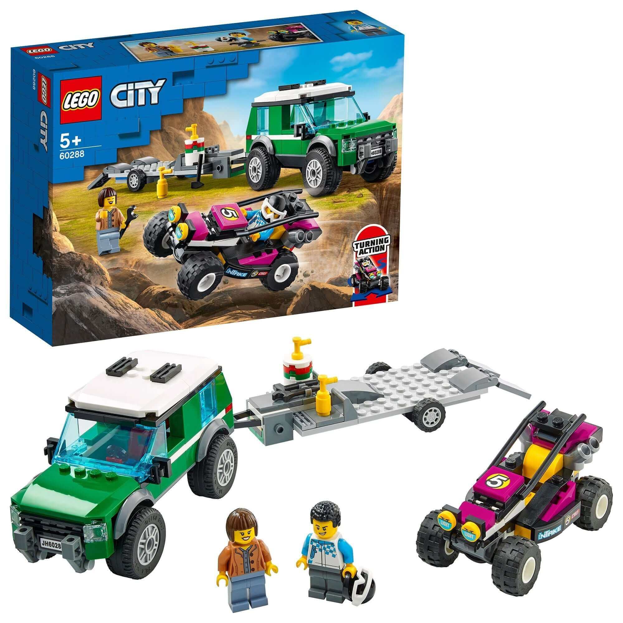 LEGO® City Race Buggy Transporter Toy Truck 60288 with SUV, trailer, Baja race buggy, and minifigures for kids.