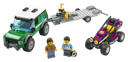 LEGO® City Race Buggy Transporter with SUV, trailer, Baja buggy, and 2 minifigures for kids.