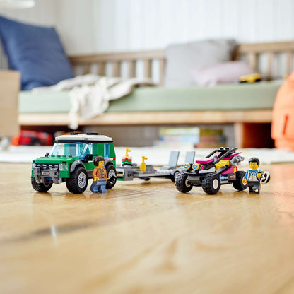 LEGO® City Race Buggy Transporter with SUV, trailer, race buggy, and 2 driver minifigures on wooden floor.
