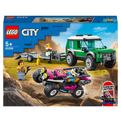 LEGO City Race Buggy Transporter set 60288 with SUV, trailer, buggy, and minifigures for kids ages 5 and up.