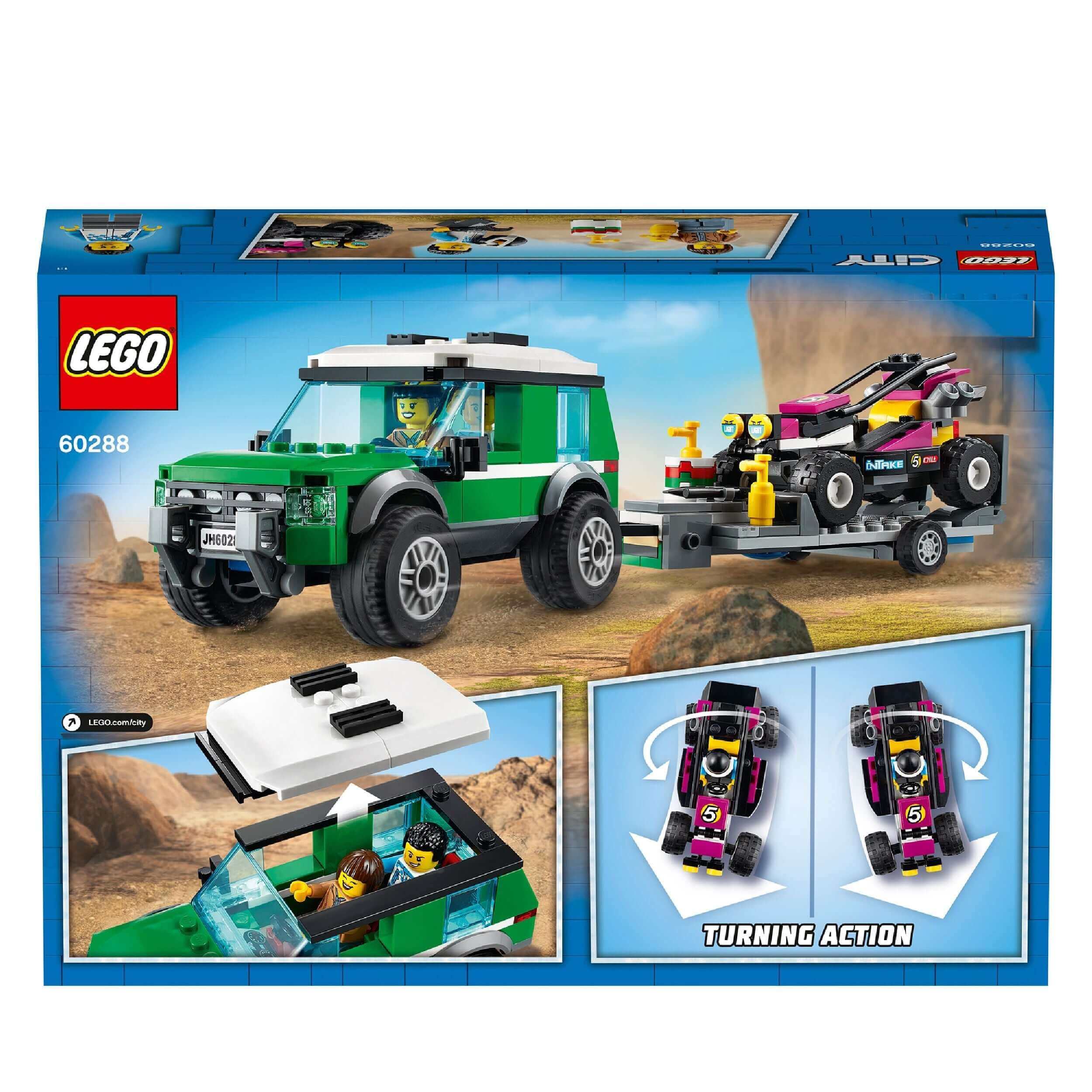 LEGO City Race Buggy Transporter set 60288 featuring an SUV, trailer, Baja race buggy, and two driver minifigures.