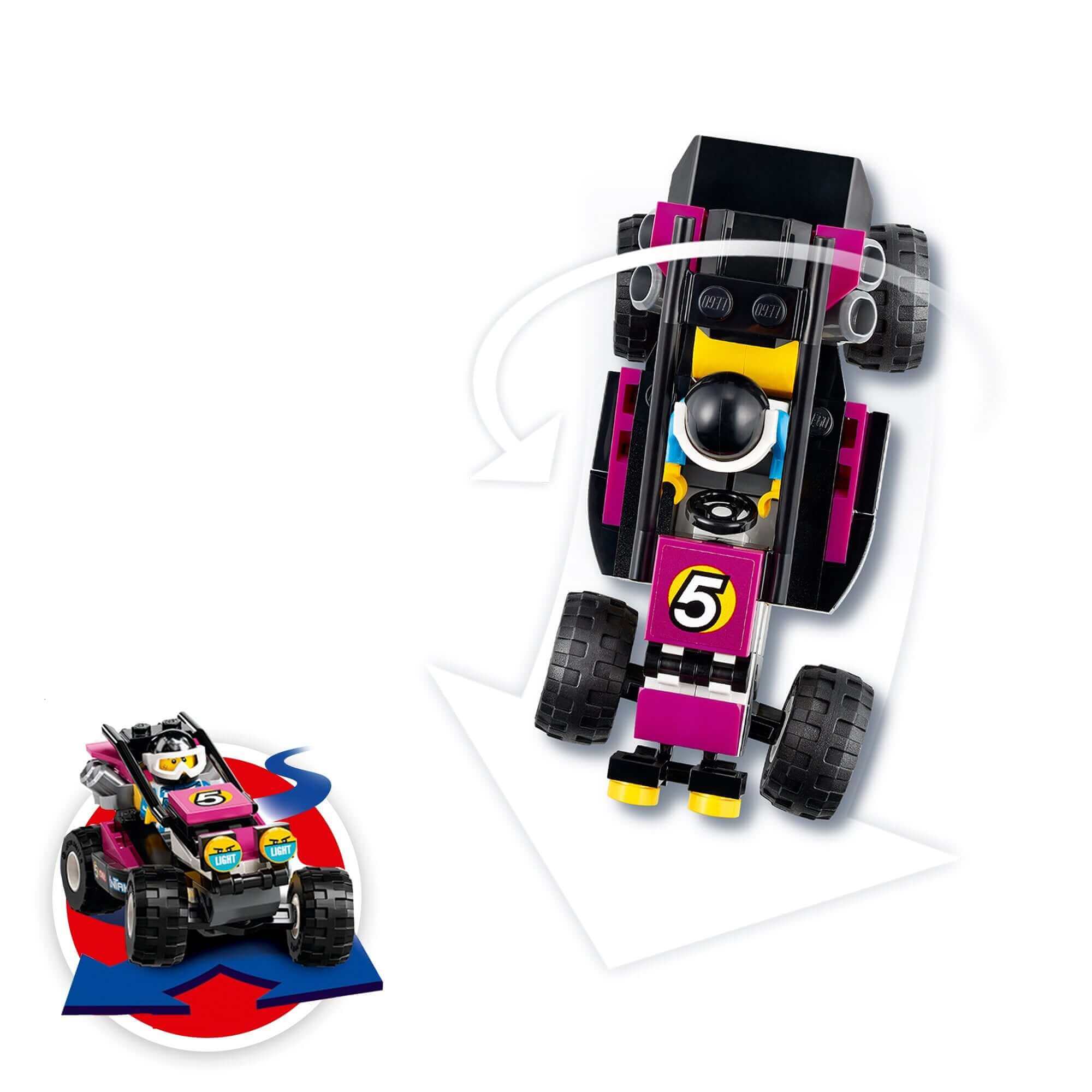 LEGO® City Race Buggy Transporter Toy Truck 60288 with steerable Baja race buggy and driver minifigure.