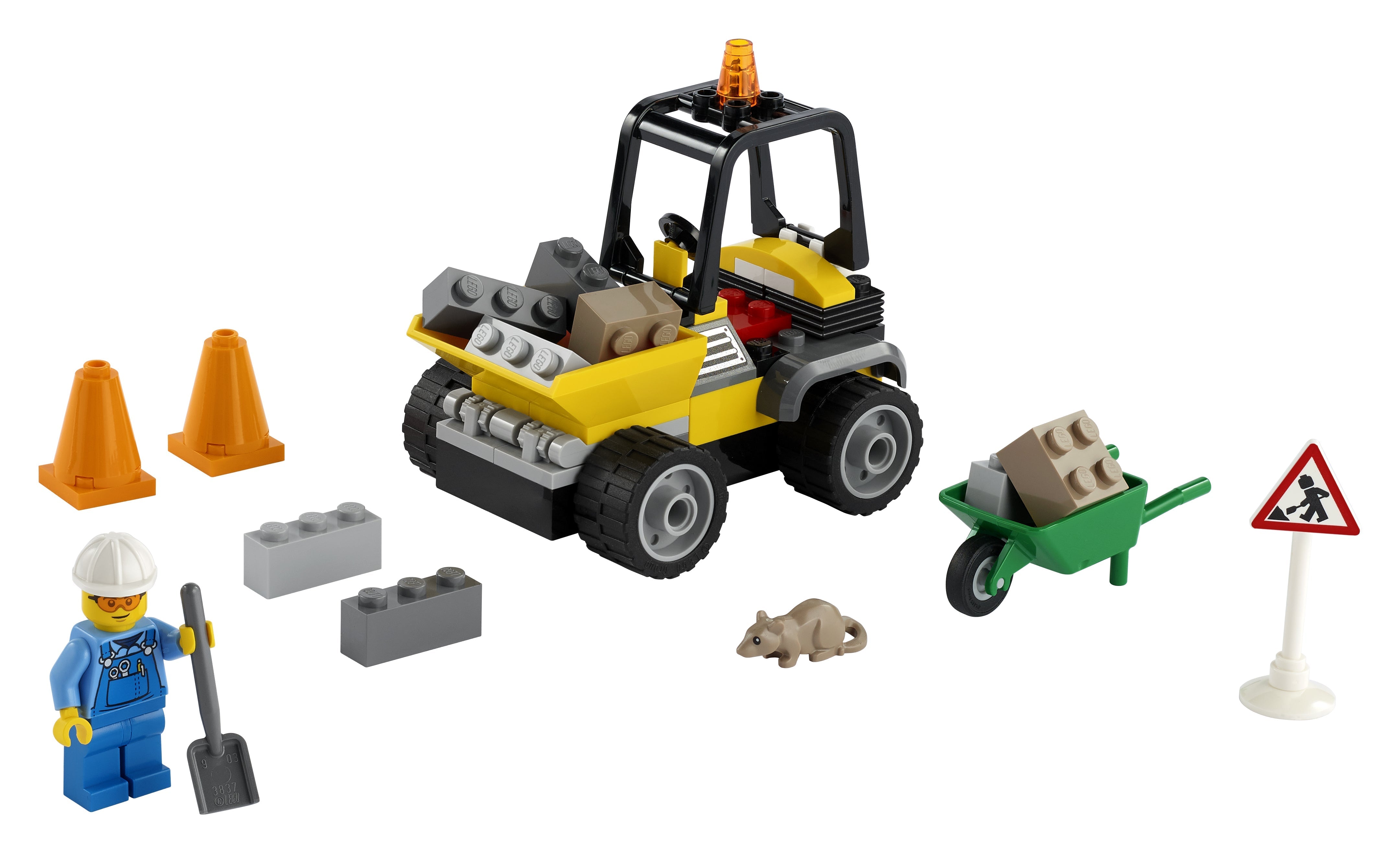 LEGO City Great Vehicles Roadwork Truck set 60284 with front-end loader, cones, wheelbarrow, and minifigure for kids 4+.