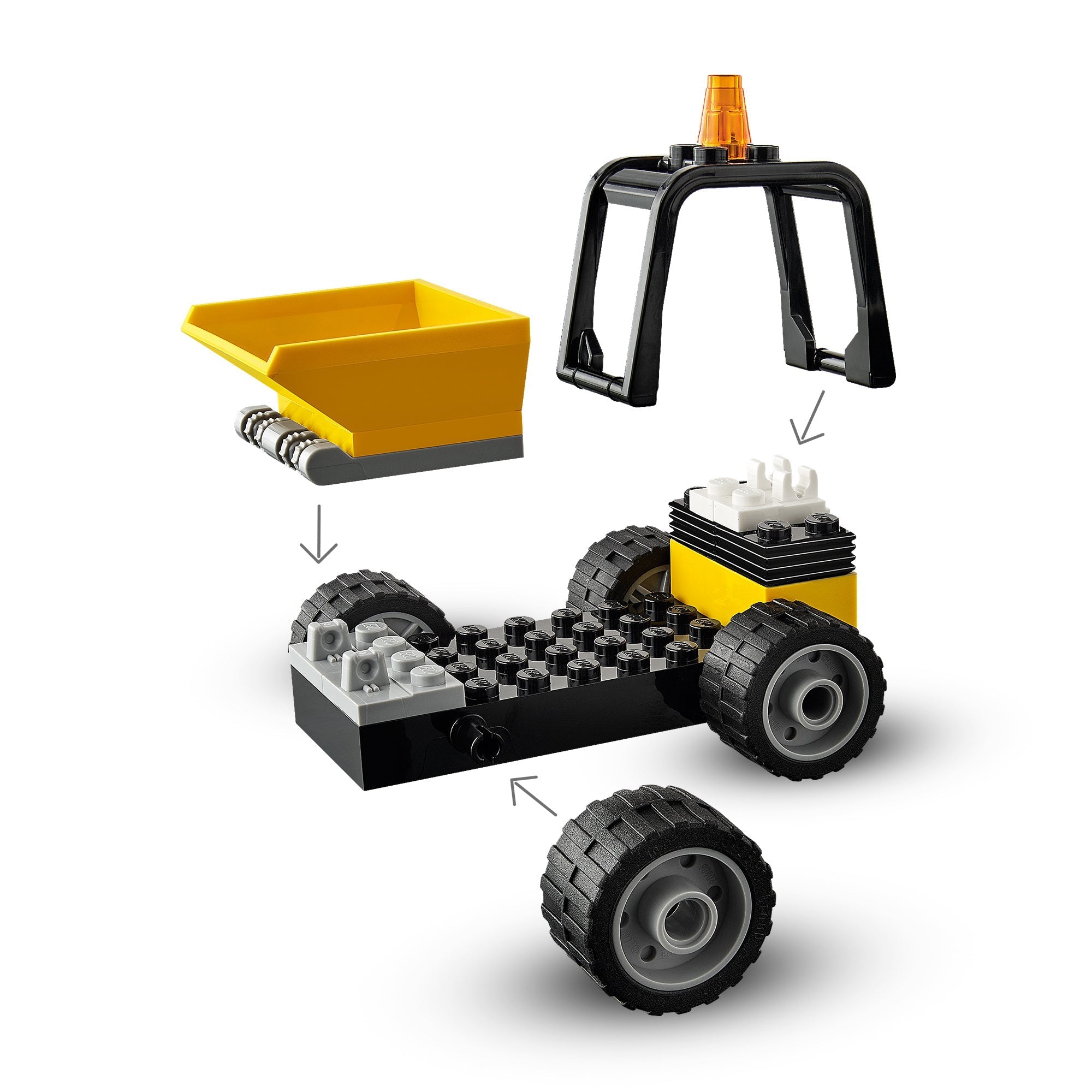 LEGO City Great Vehicles roadwork truck toy components, including front-end loader bucket and wheels for kids aged 4+.