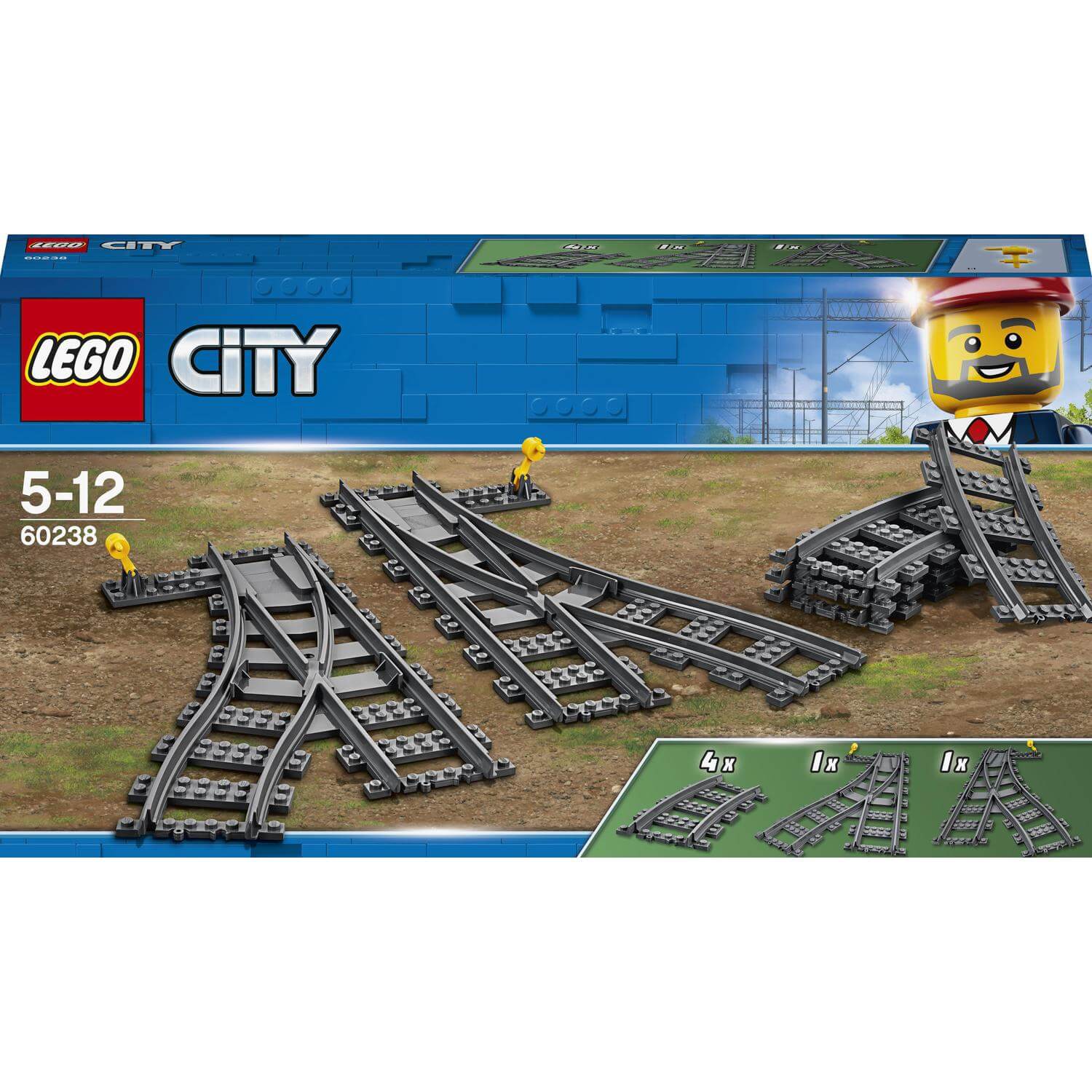 LEGO City Switch Tracks Set 60238 displaying curved and straight track pieces for building a railway.