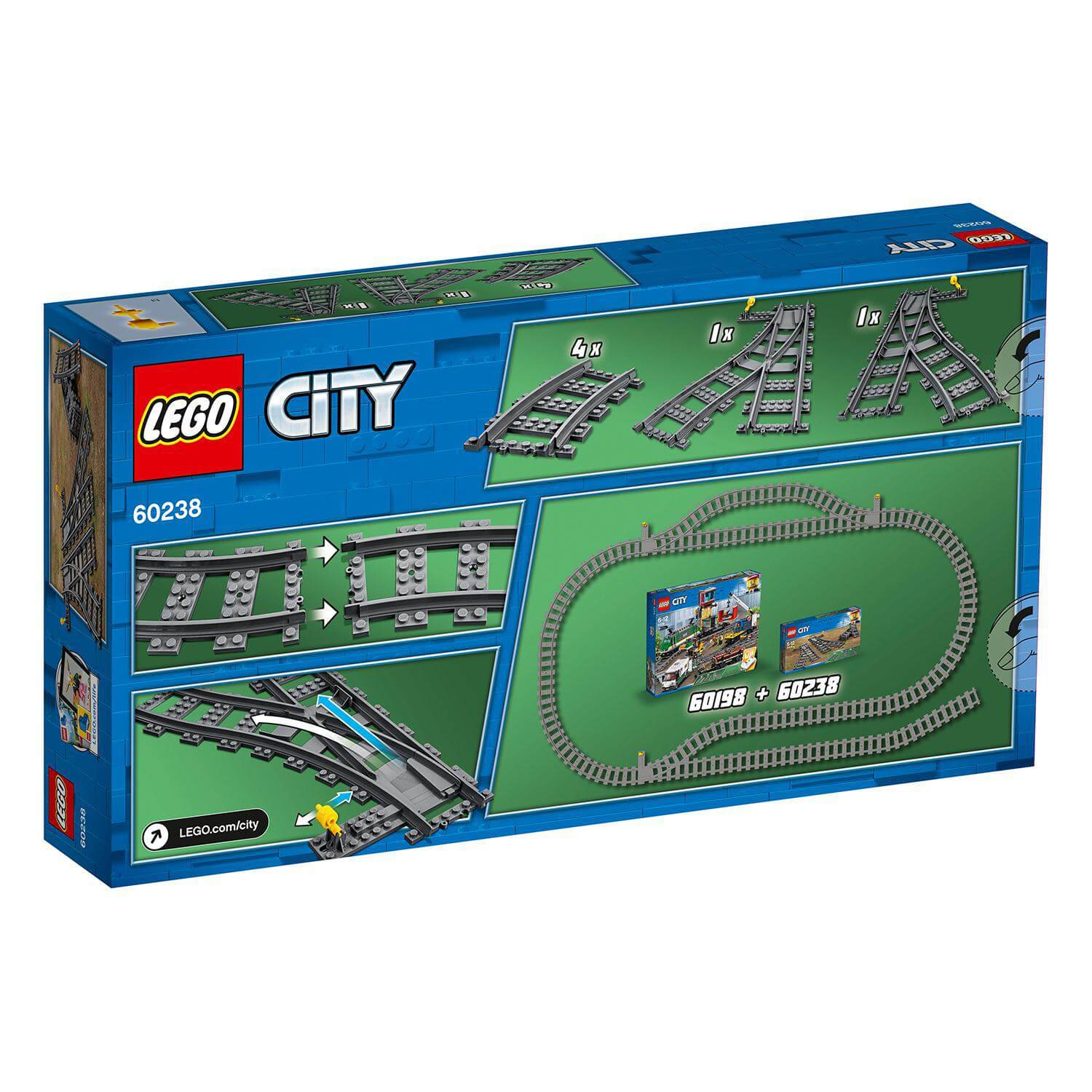 LEGO City Switch Tracks Set 60238 packaging featuring track pieces and instructions for train setups.