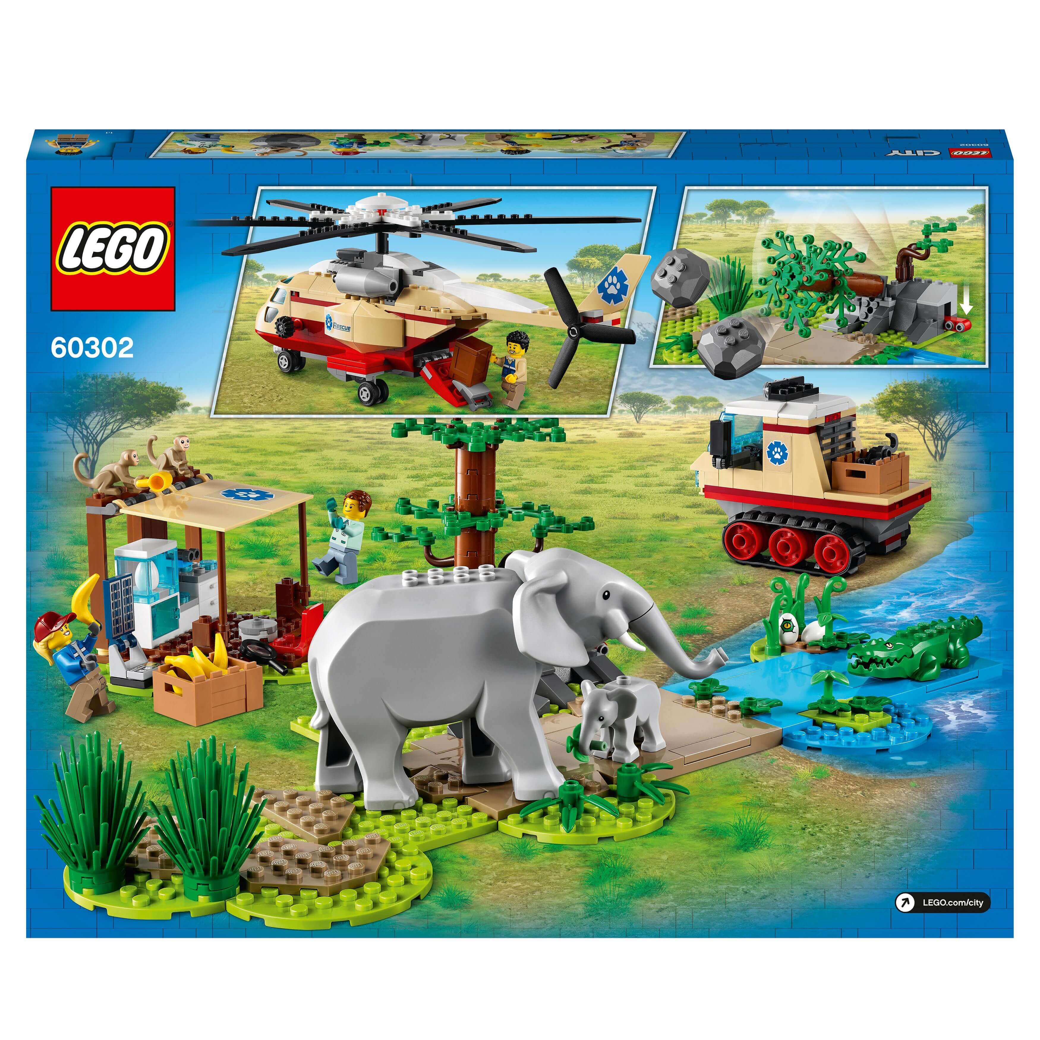 LEGO City Wildlife Rescue Operation Vet Set 60302 featuring rescue helicopter, elephants, and playset elements.