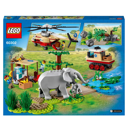 LEGO City Wildlife Rescue Operation Vet Set 60302 featuring rescue helicopter, elephants, and playset elements.