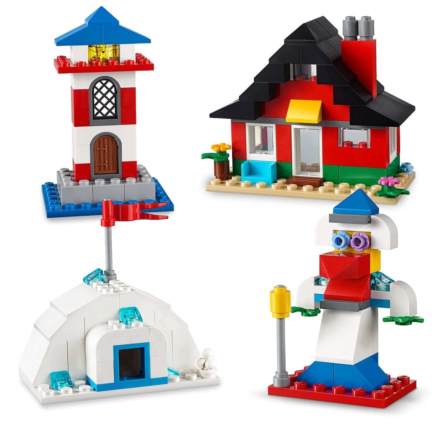 LEGO® Classic 4+ Bricks and Houses Set 11008 featuring a lighthouse, house, igloo, and creative figure.