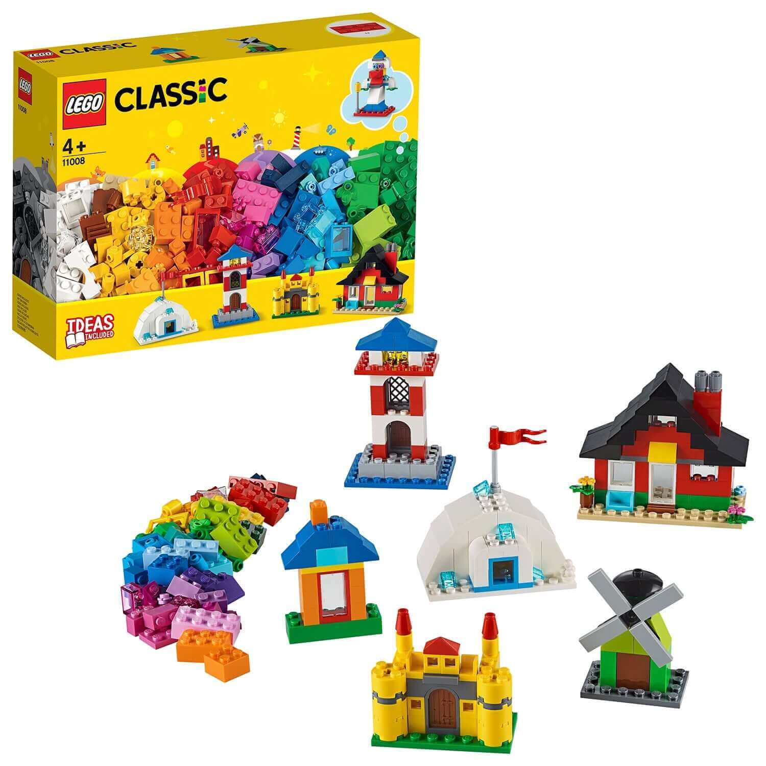 LEGO Classic 4+ Bricks and Houses Set 11008 featuring colorful bricks for building houses, castles, lighthouses, and more.