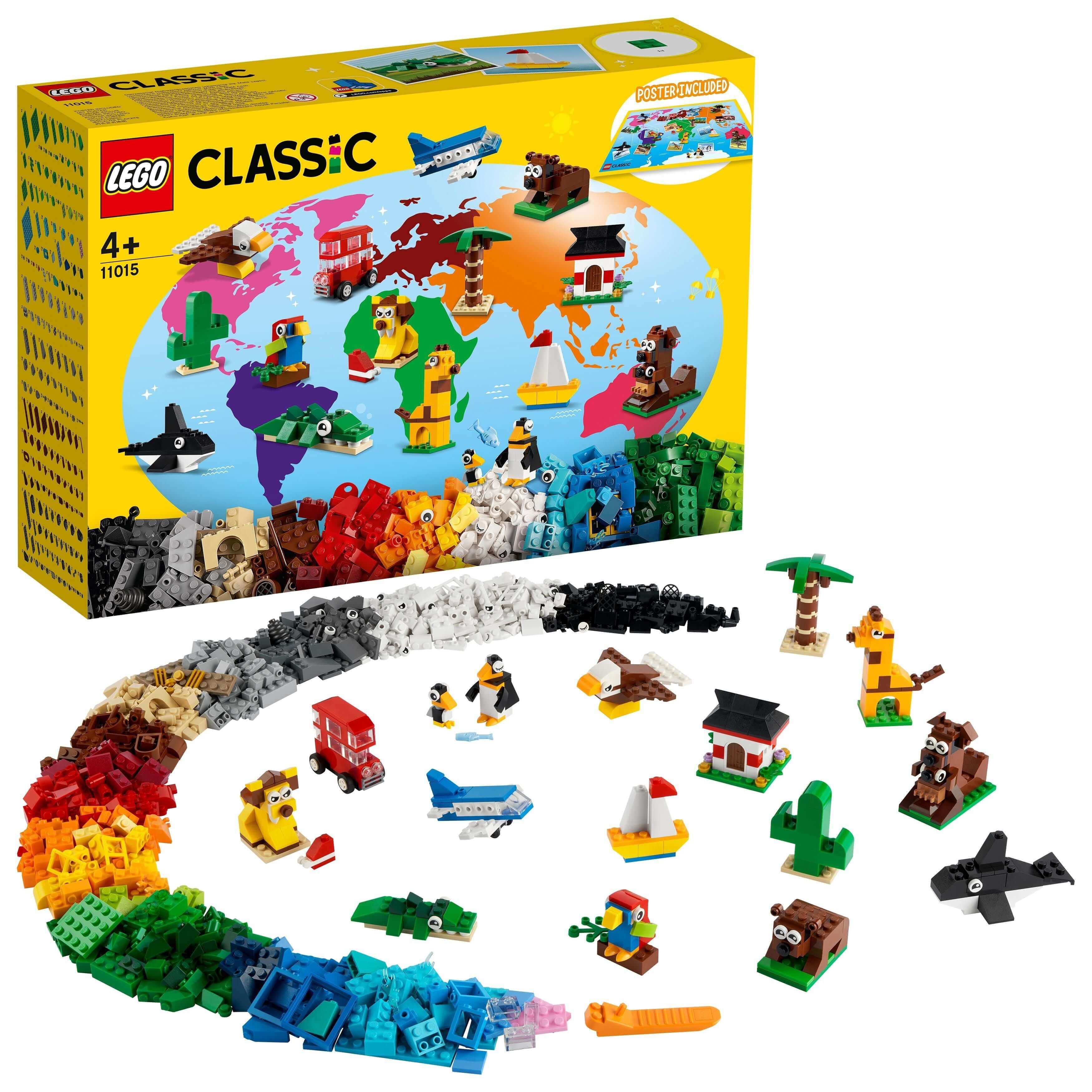 LEGO Classic Around the World Bricks Set 11015 with colorful bricks and iconic toys for creative play.