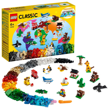 LEGO Classic Around the World Bricks Set 11015 with colorful bricks and iconic toys for creative play.