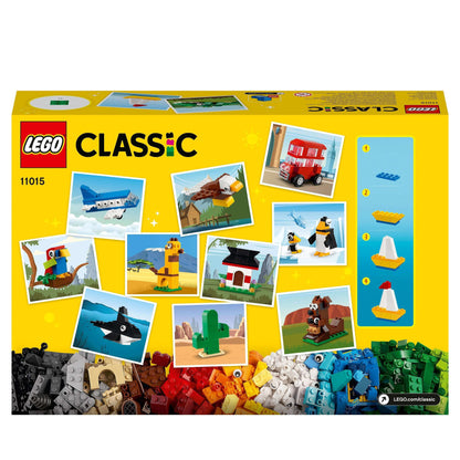 LEGO Classic Around the World Bricks Set 11015 packaging displayed with colorful builds and iconic animals for creative play.