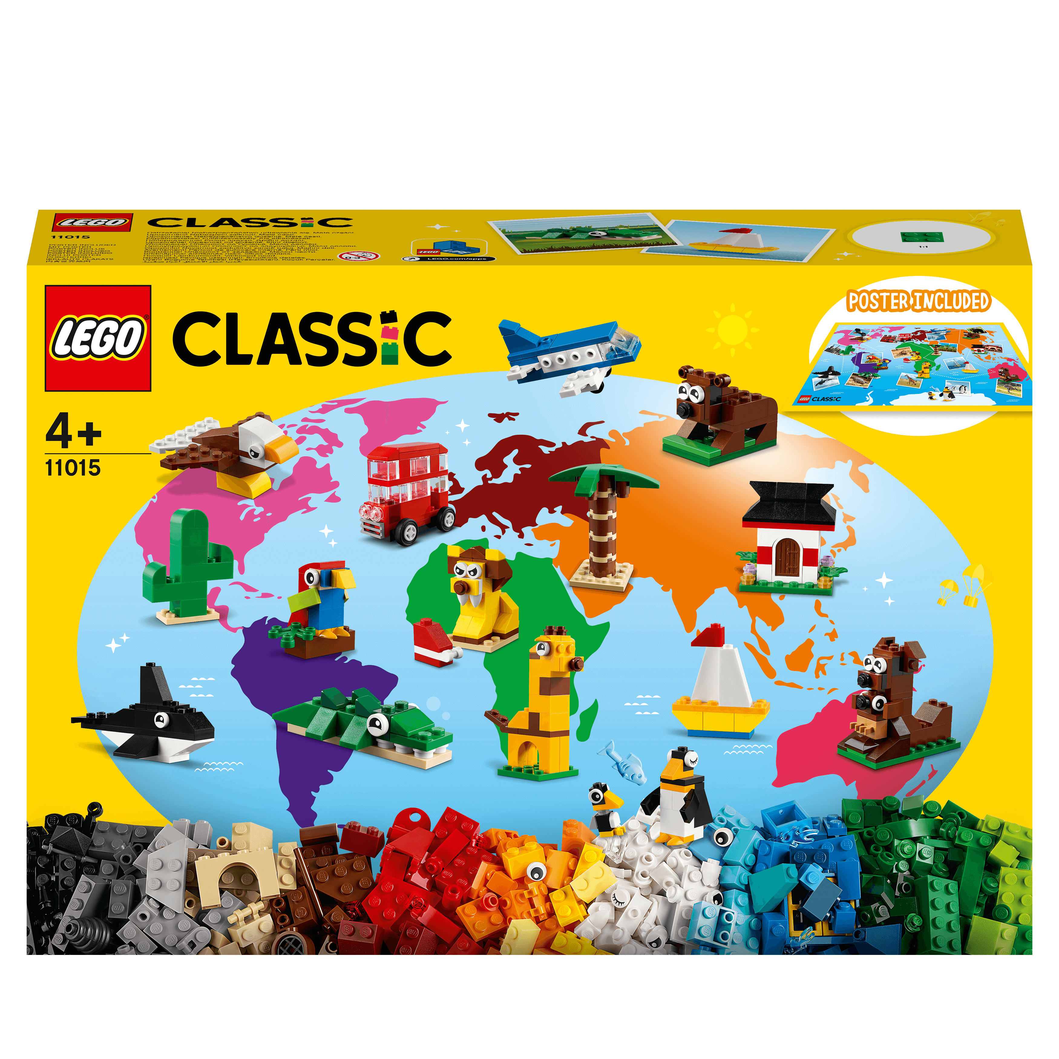 LEGO Classic Around the World Bricks Set 11015 with colorful animals and objects for creative play for kids 4 and up.