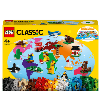 LEGO Classic Around the World Bricks Set 11015 with colorful animals and objects for creative play for kids 4 and up.