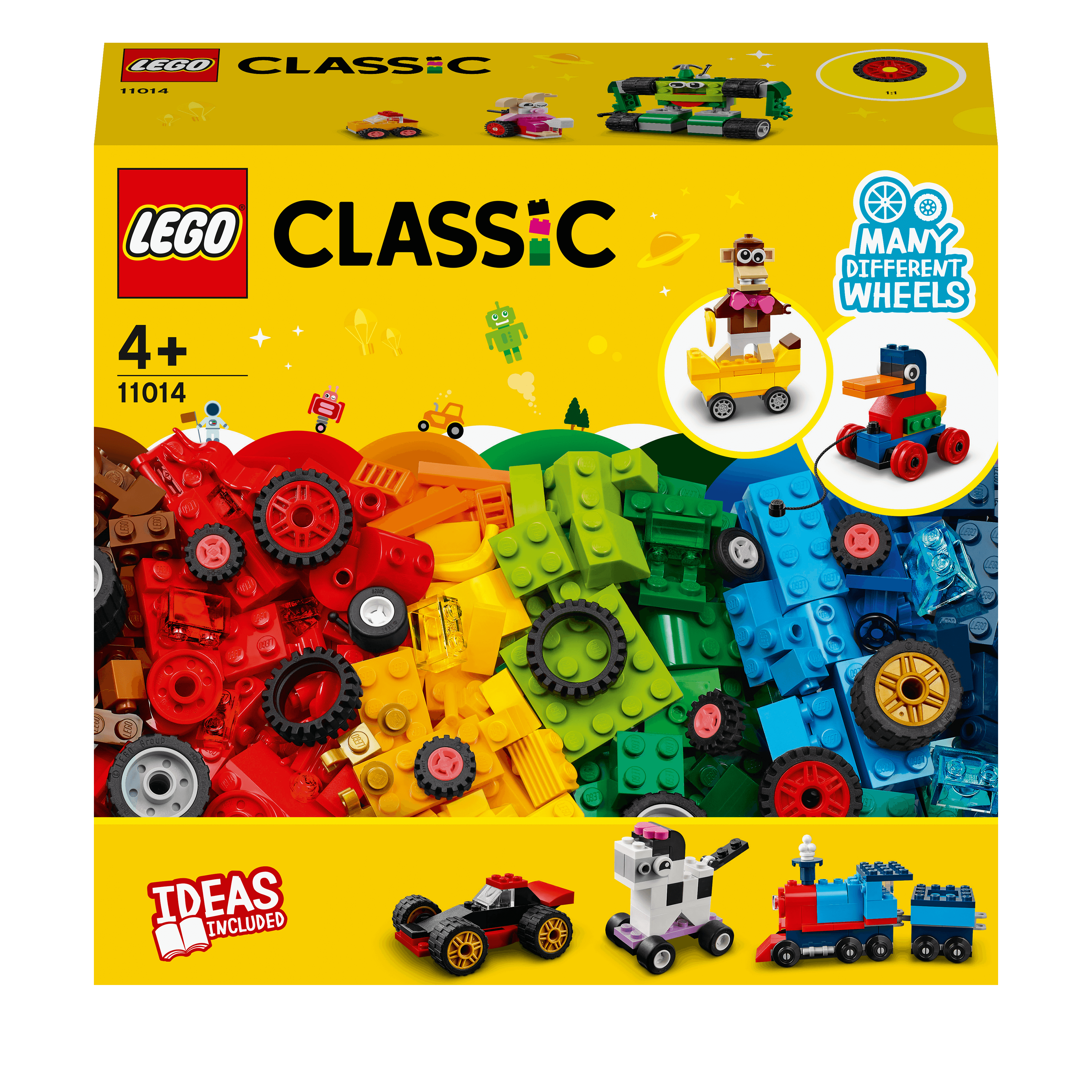 LEGO Classic Bricks and Wheels Building Set 11014 with colorful bricks and multiple wheels for creative play.