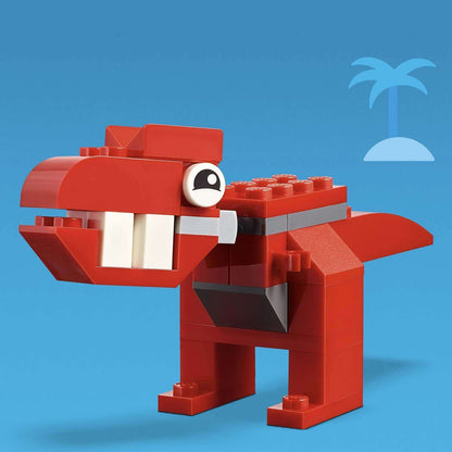 LEGO Classic Bricks red dinosaur model on blue background, showcasing creativity and fun in building with LEGO