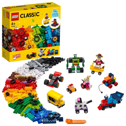 LEGO Classic Bricks and Wheels set 11014 with colorful bricks, wheels, and builds for creative kids' play.